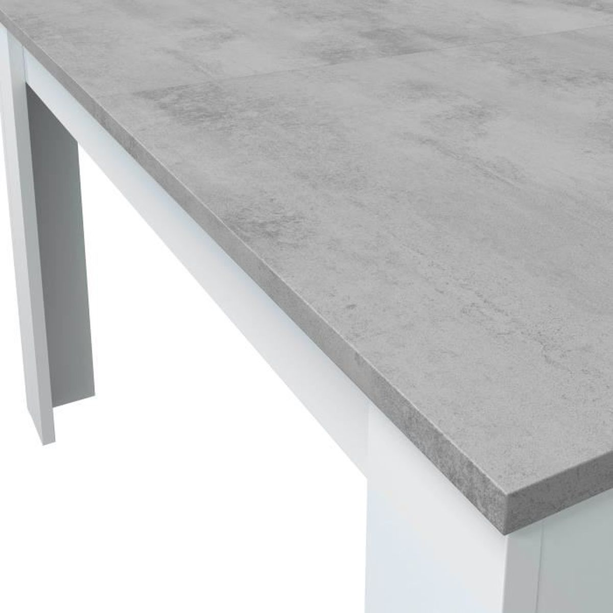 Tablero de mesa gris efecto hormigón sobre estructura blanca.