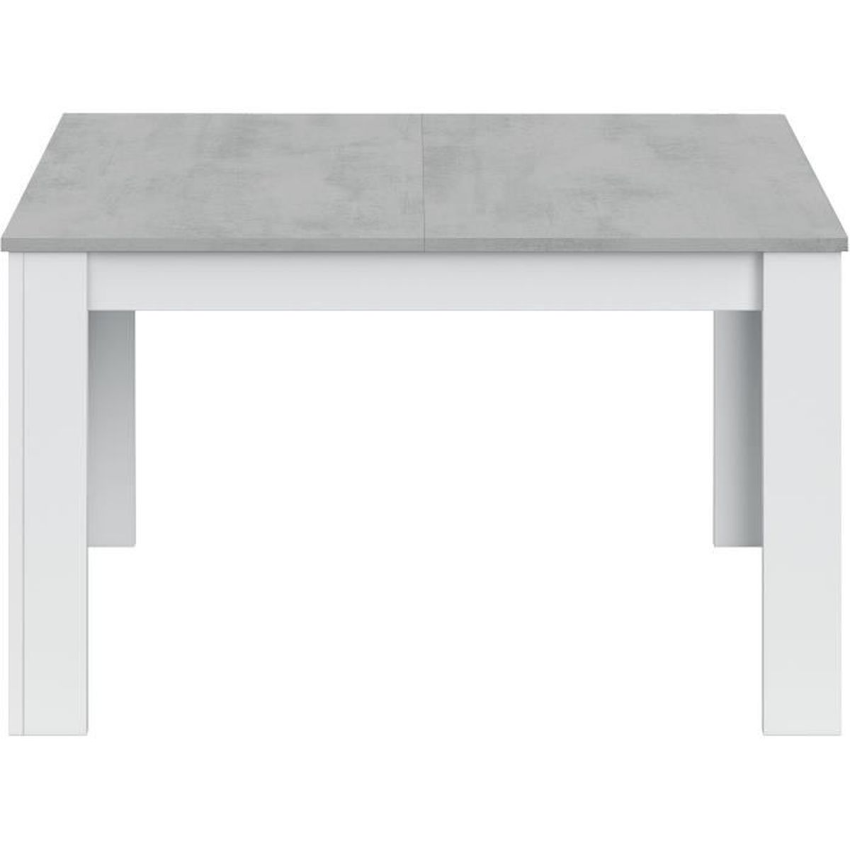 Una mesa rectangular con tablero de hormigón y patas blancas.
