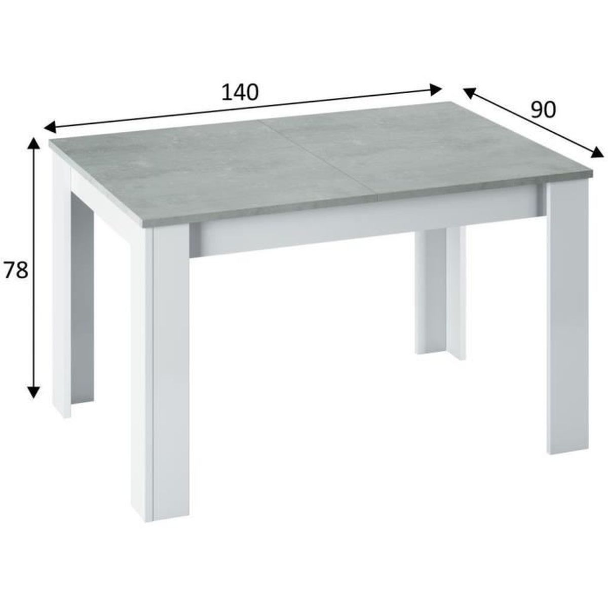 Una mesa gris con patas blancas, dimensiones 140x90x78 cm.