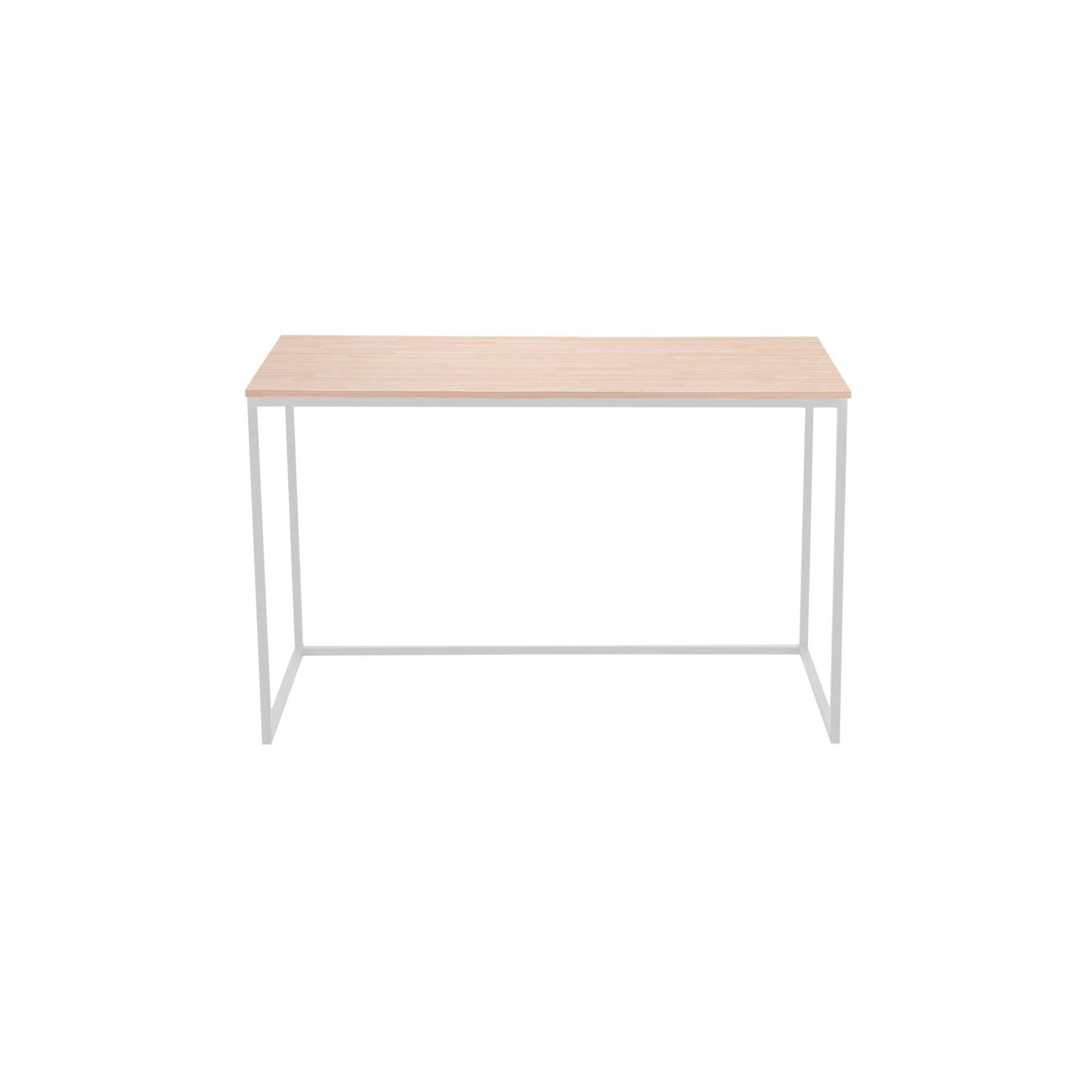 Una mesa de madera clara con patas blancas y delgadas.