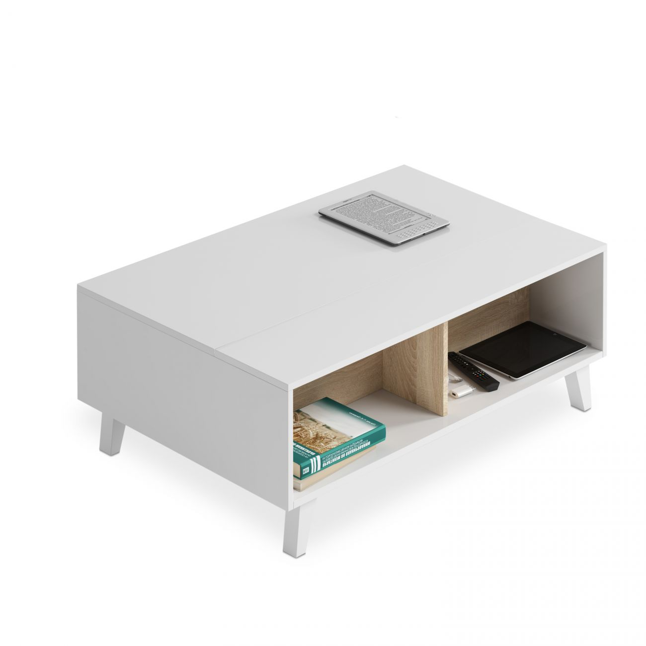 Mesa de centro moderna blanca con estante abierto, con e-reader, tableta, mando y libro.