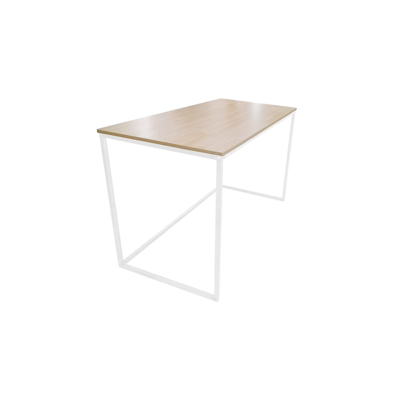 Una mesa de madera clara con estructura de metal blanco sobre fondo blanco.