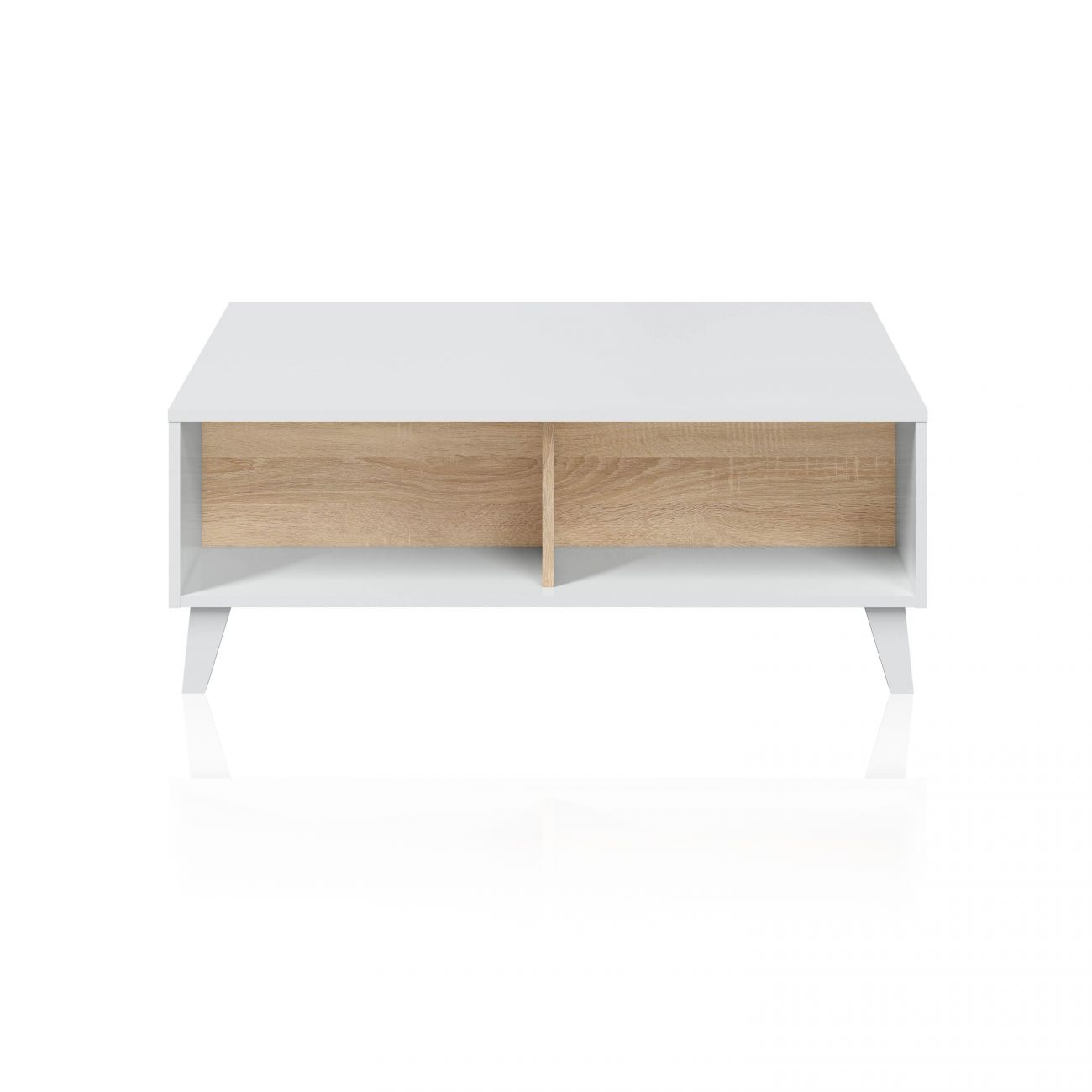 Mesa de centro blanca con compartimentos de madera y patas anguladas.