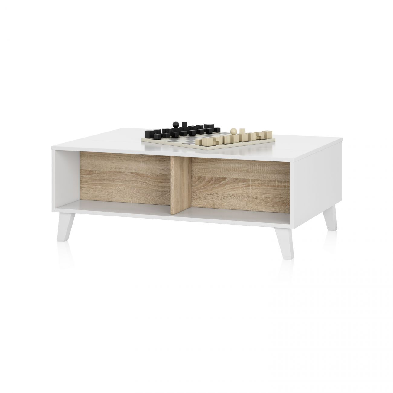 Una mesa de centro blanca con detalles de madera y piezas de ajedrez.