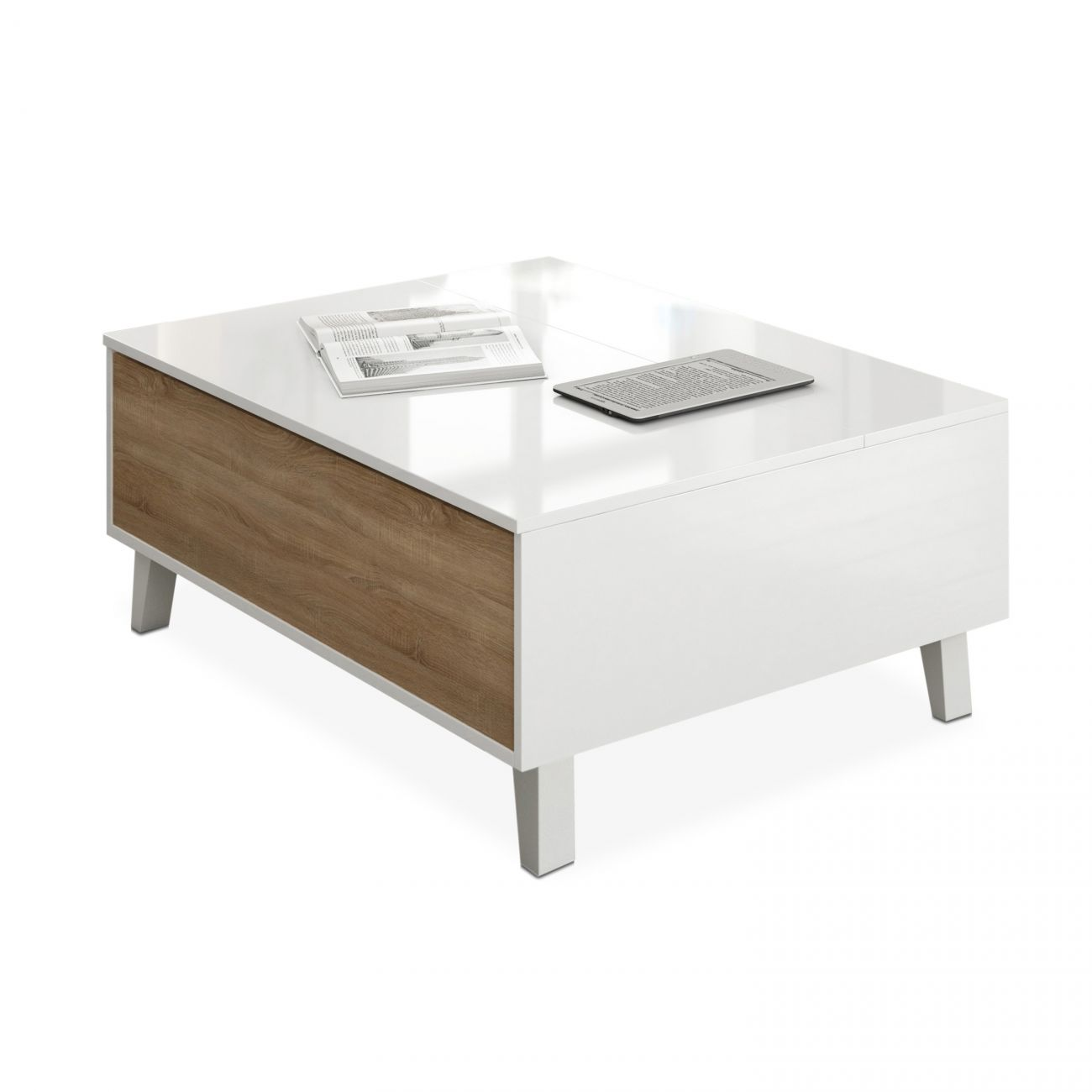 Mesa de centro blanca moderna con frontal de madera y libro abierto.