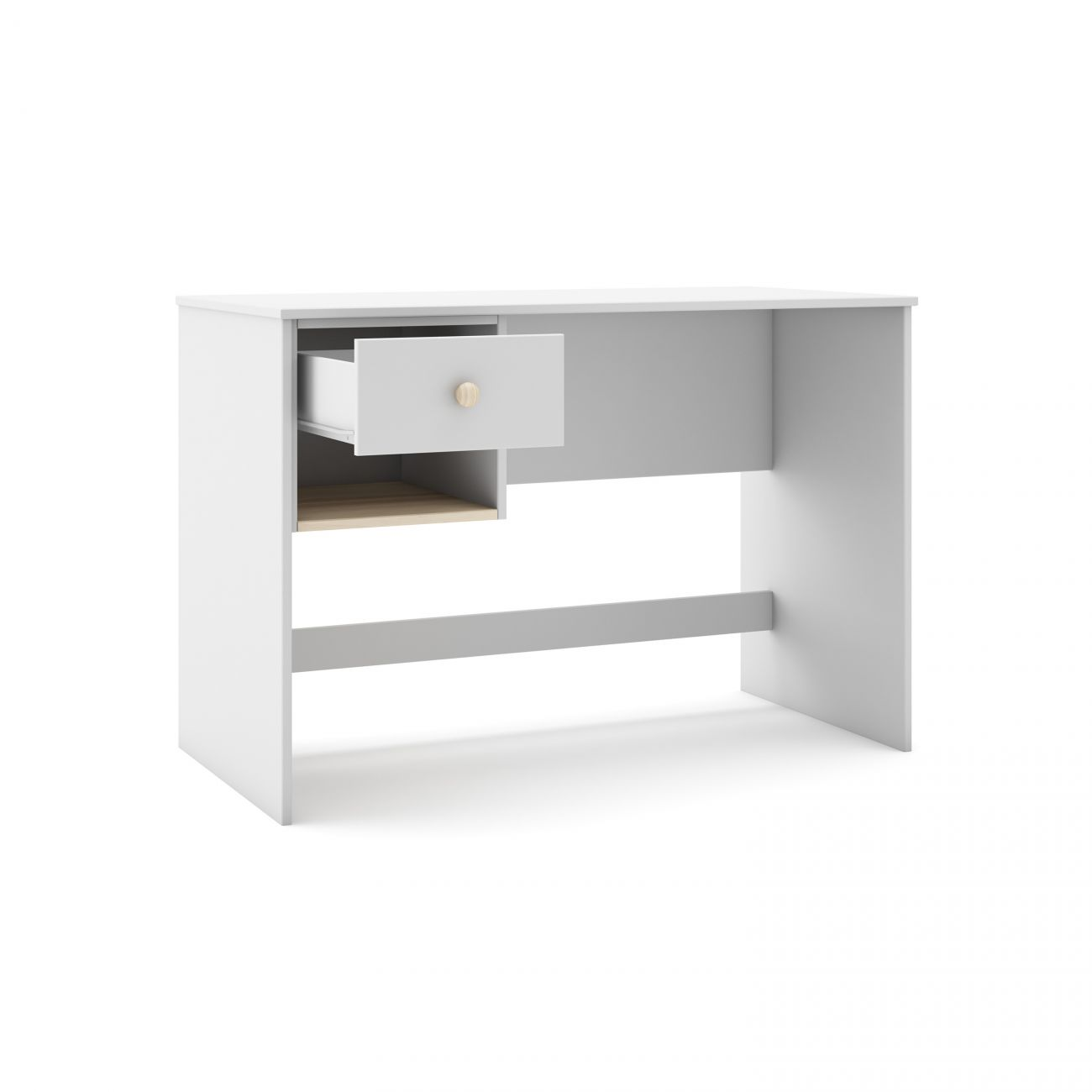 Un escritorio blanco con un cajón y un compartimento abierto.