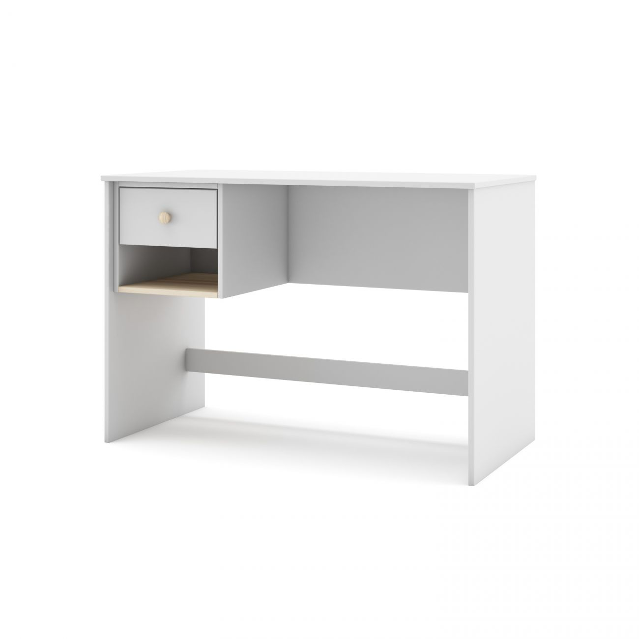 Un escritorio blanco con un cajón y un compartimento abierto.