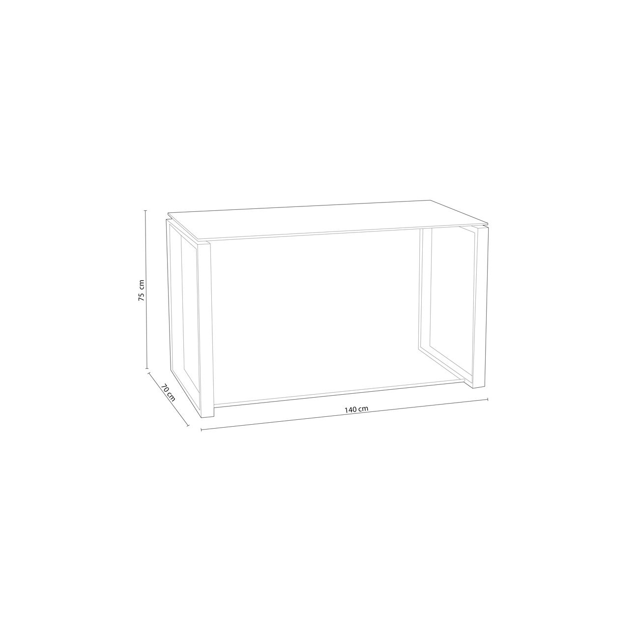 Dibujo lineal de una mesa rectangular con marco metálico y dimensiones.