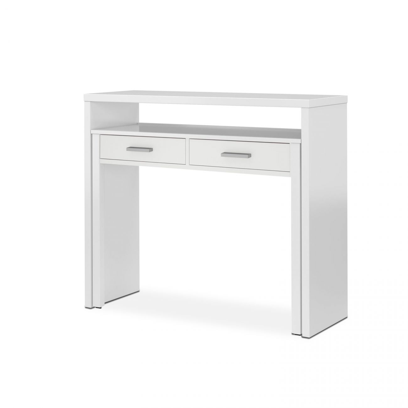 Una mesa consola blanca moderna con dos cajones y un estante abierto.