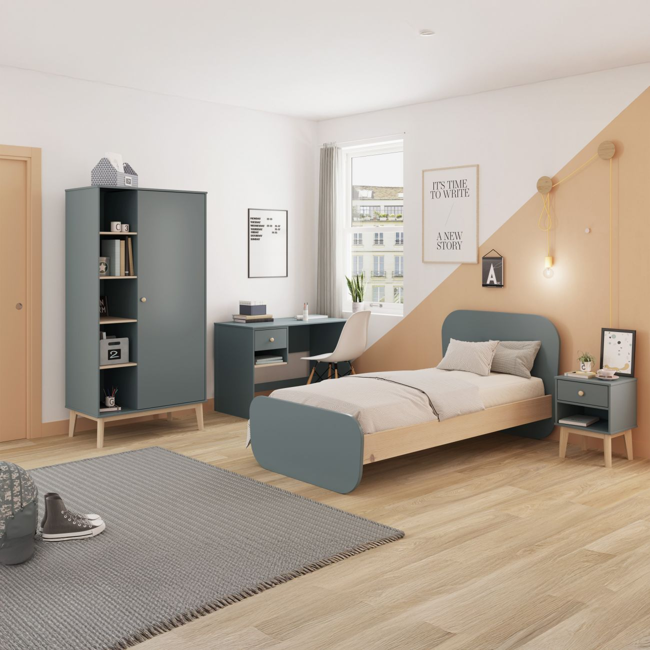 Dormitorio moderno con cama, escritorio, armario y alfombra.