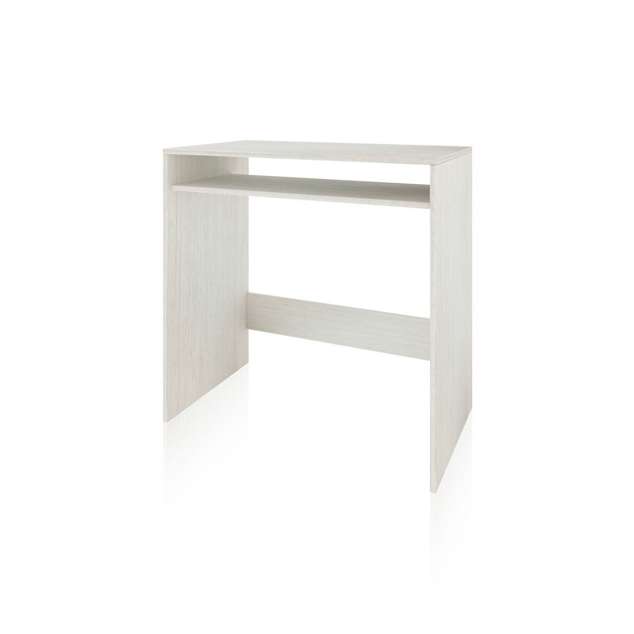 Una mesa de madera clara con dos estantes, uno arriba y otro debajo.