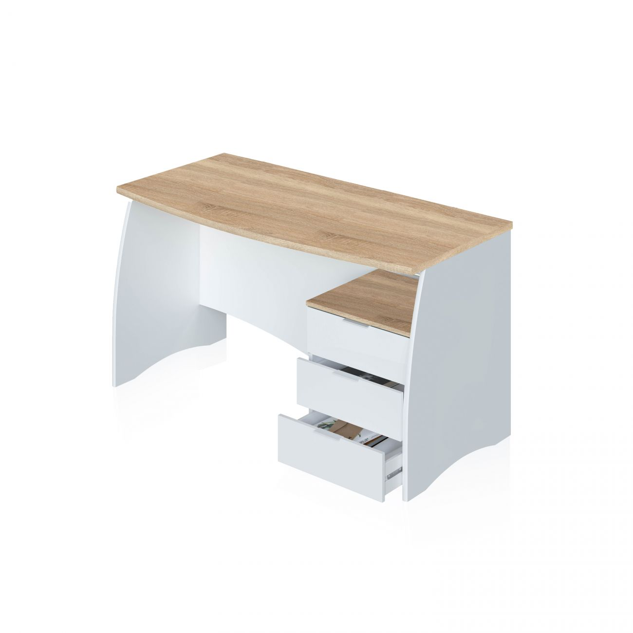 Moderno escritorio blanco con tapa efecto madera y tres cajones.