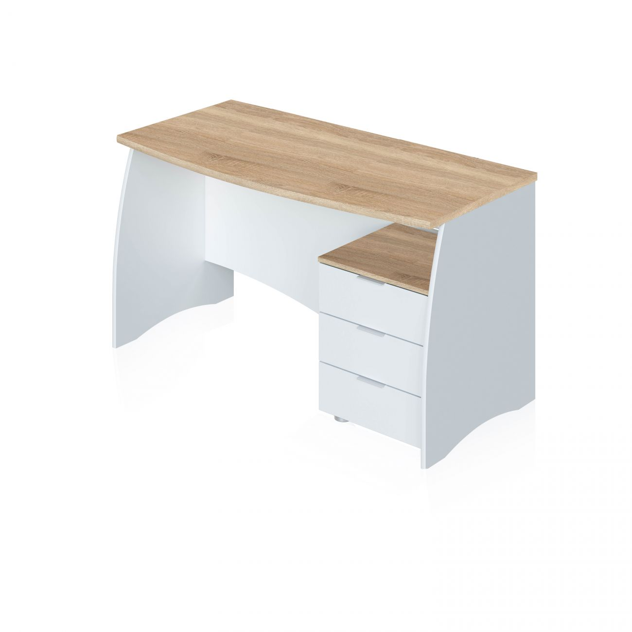 Un escritorio blanco moderno con tapa de madera y tres cajones.
