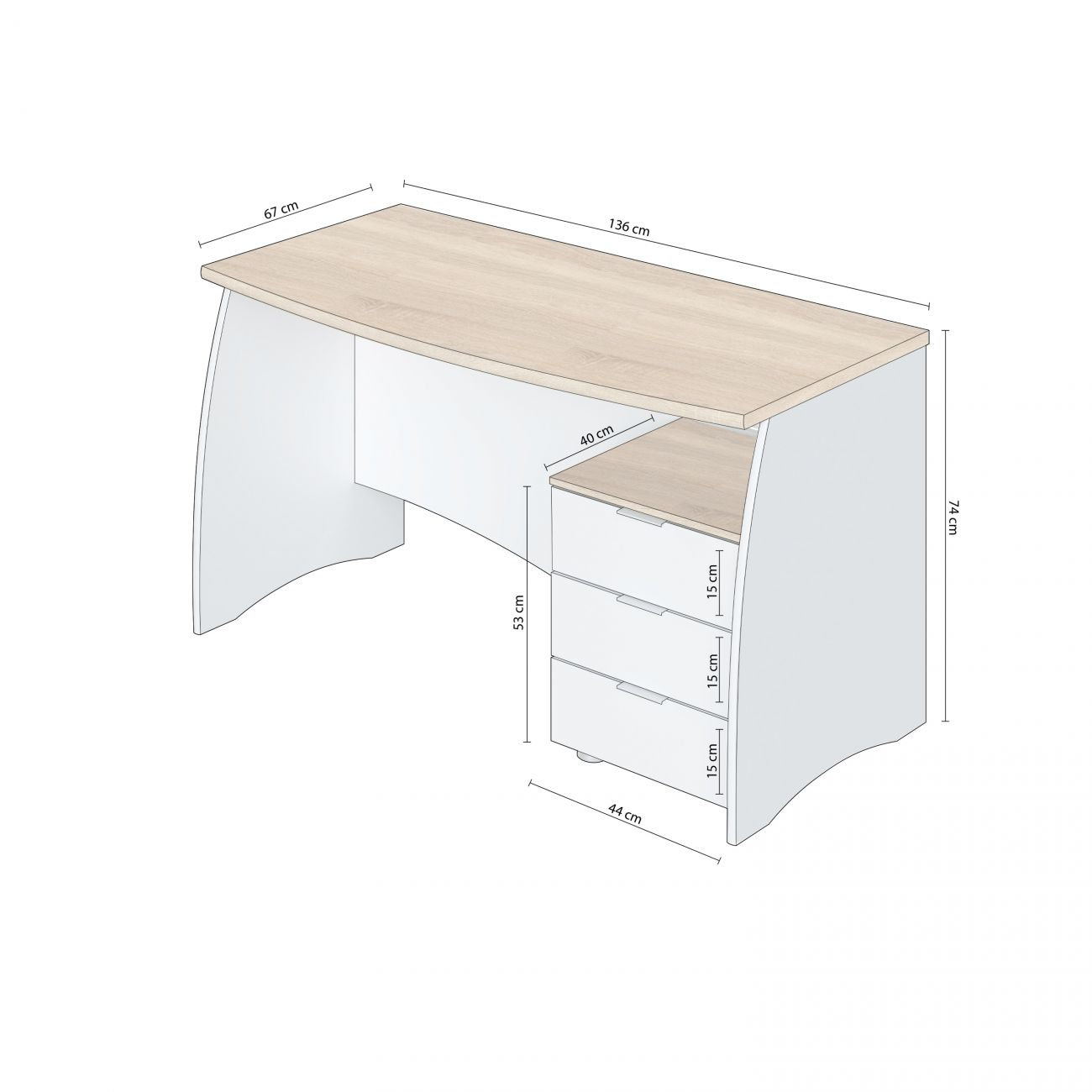Un escritorio blanco con tapa de madera y tres cajones.