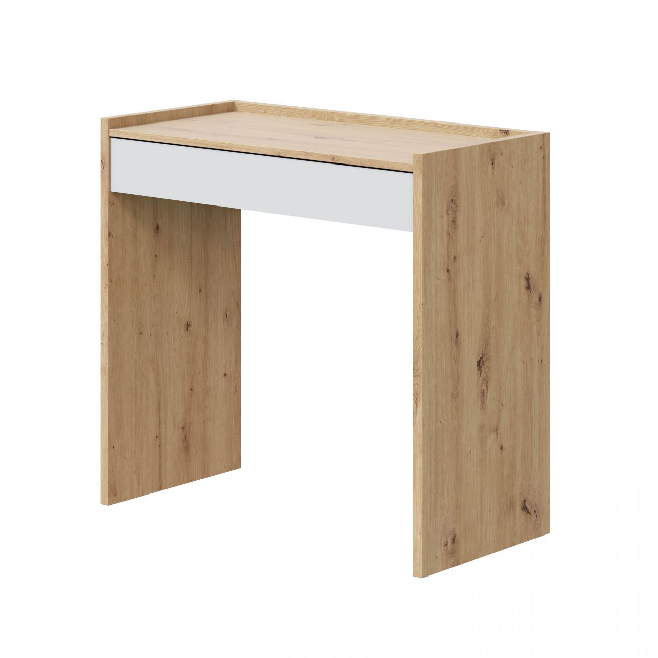 Un escritorio estrecho con veta de madera y un cajón blanco.