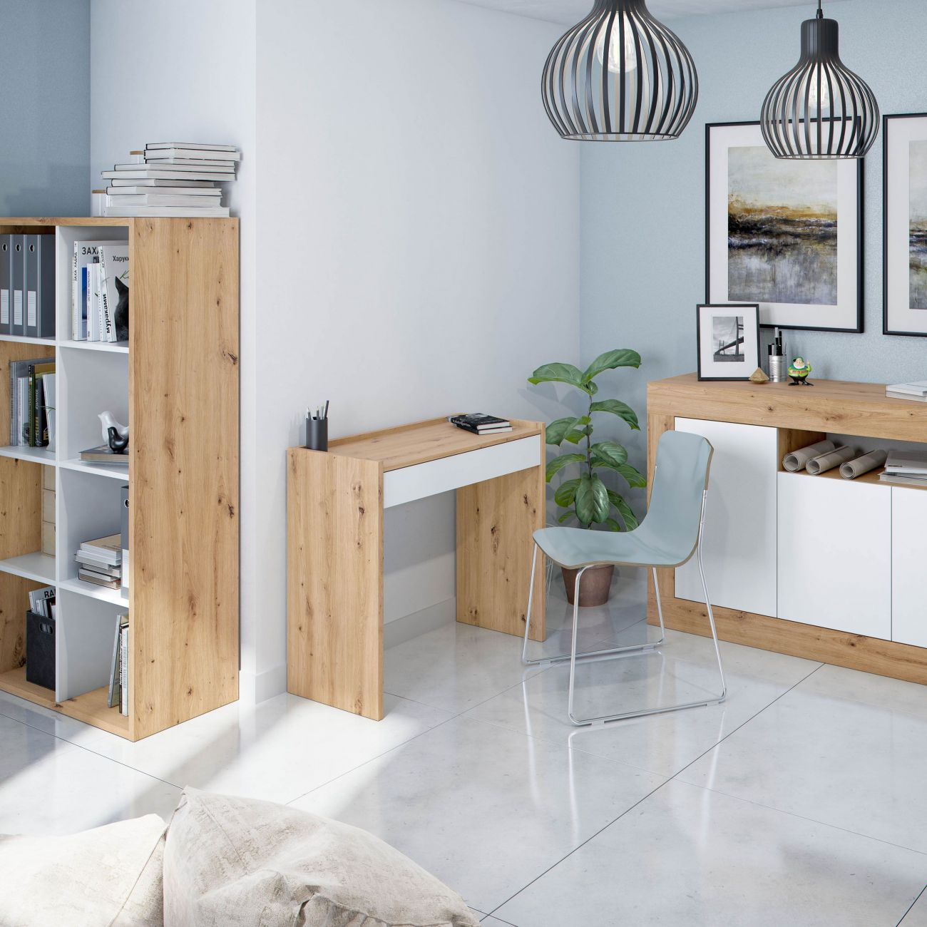 Una oficina en casa luminosa con escritorio, silla y armarios de madera. Una planta cerca.