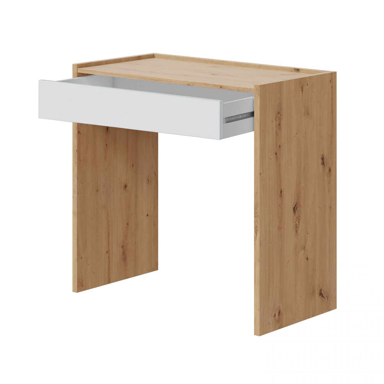 Un escritorio de madera con un cajón abierto.