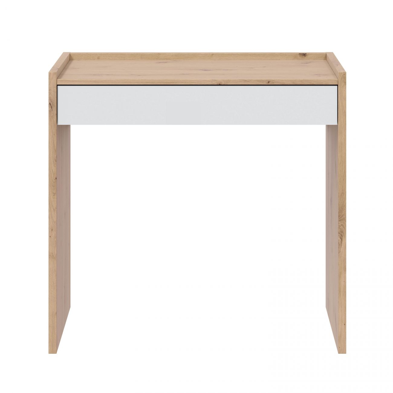 Un escritorio sencillo de madera y blanco con un cajón.
