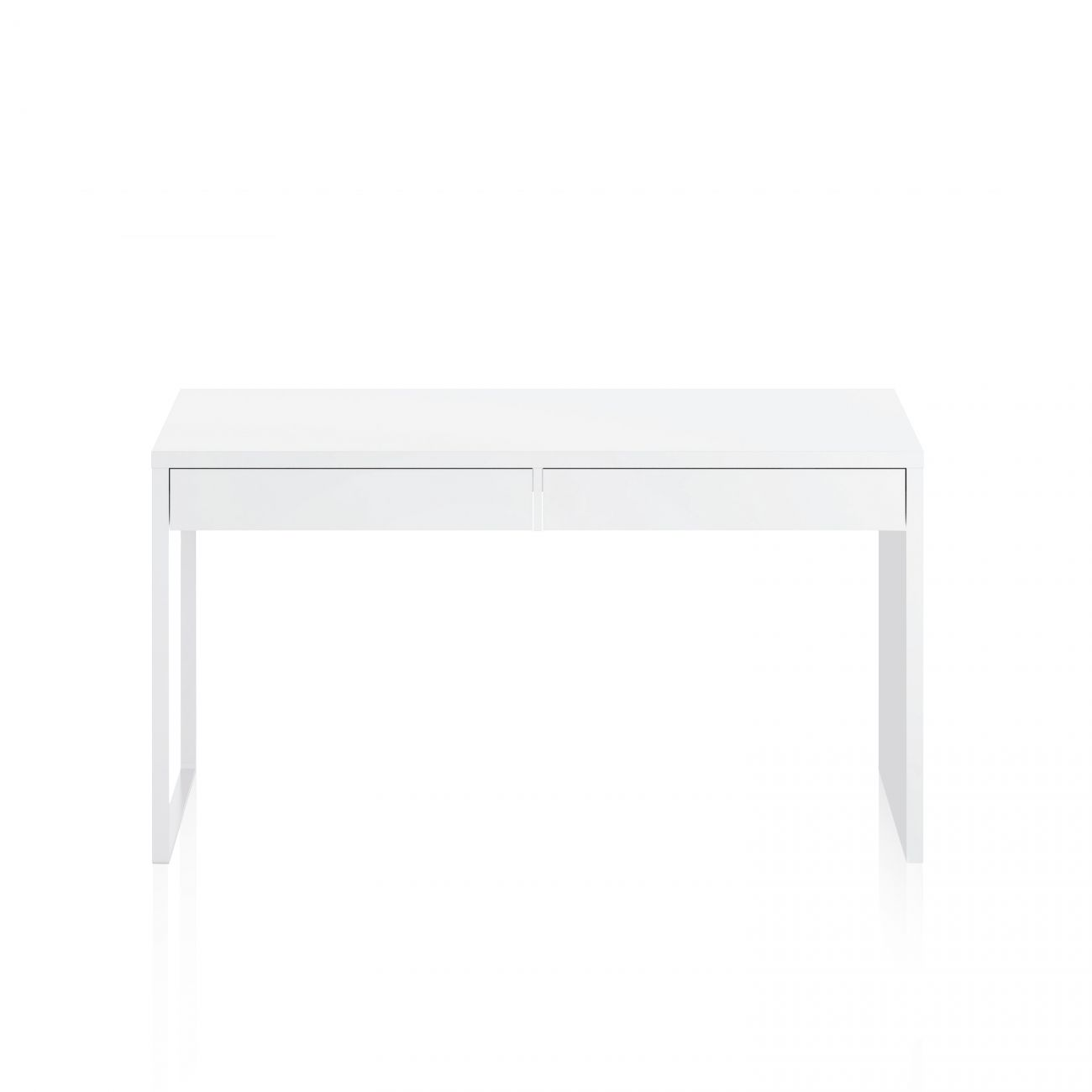 Un escritorio blanco simple con dos cajones sobre fondo blanco.