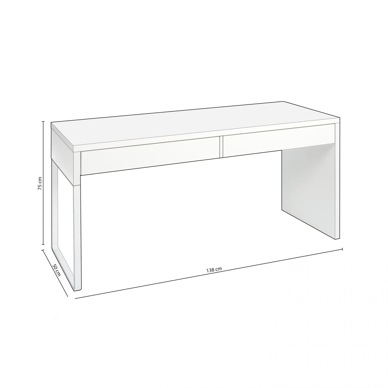 Un escritorio blanco con dos cajones, dimensiones 138x50x75 cm.