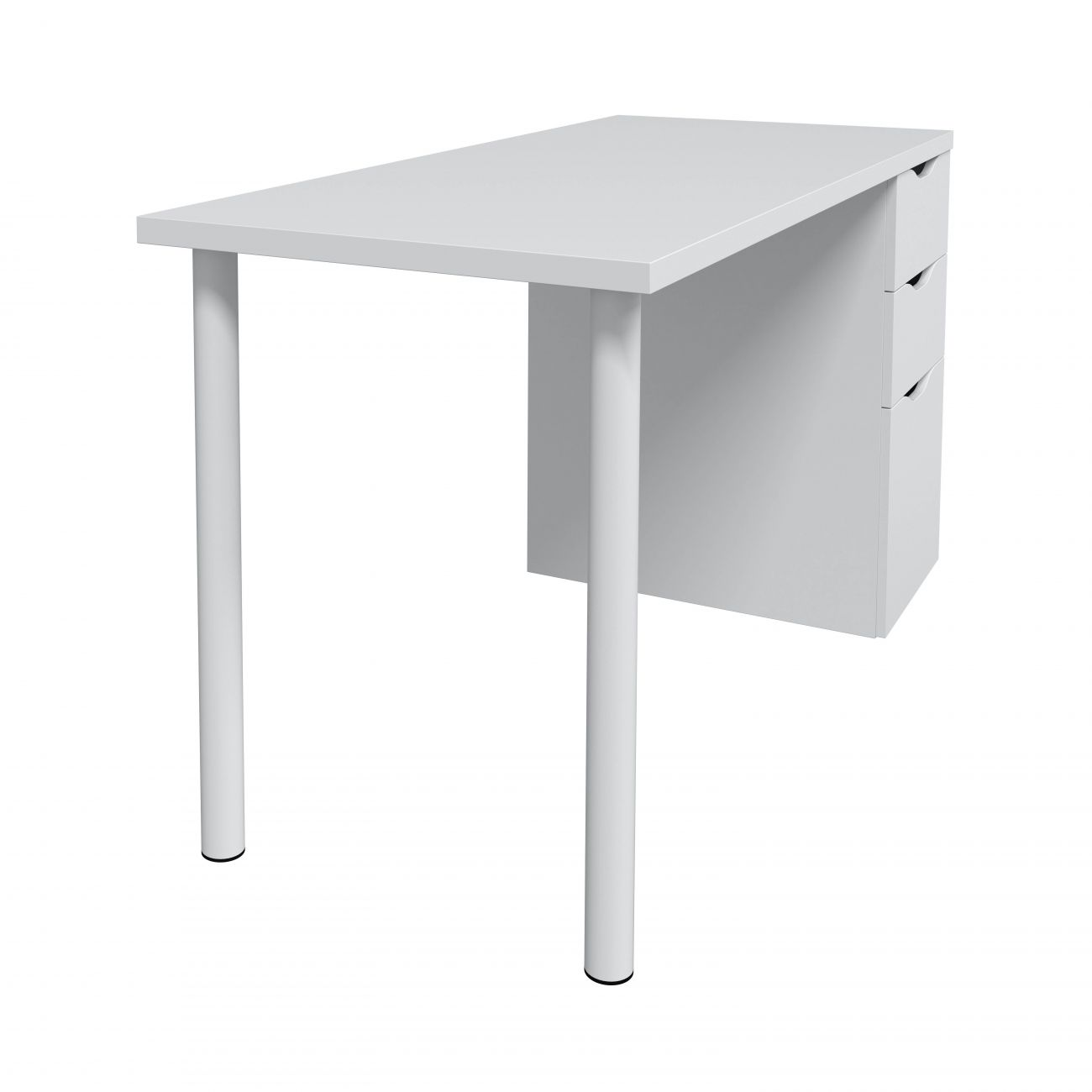 Un escritorio blanco con tres cajones, dos patas y un panel trasero blanco.
