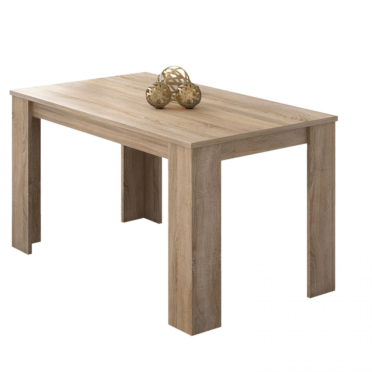 Una mesa de madera con tres bolas decorativas doradas encima, aislada.