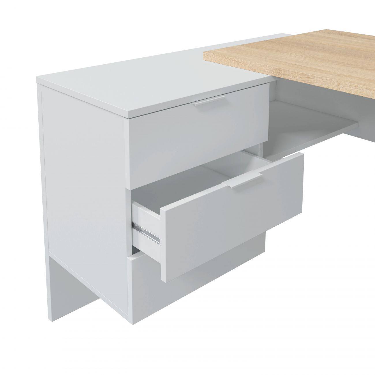 Cómoda blanca con dos cajones, uno abierto. Superficie superior de madera.