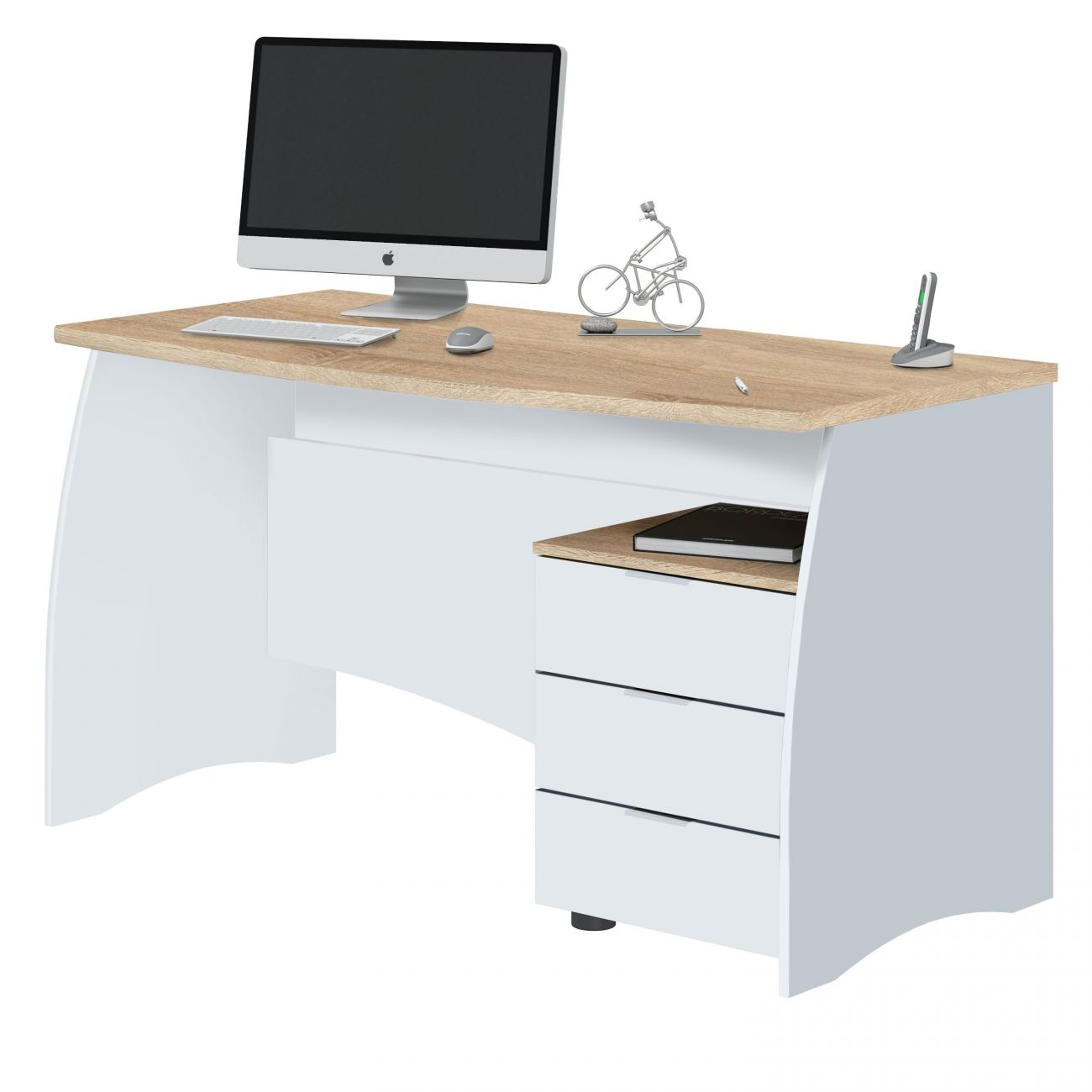 Un escritorio blanco moderno con tablero de madera, ordenador, teclado y ratón.