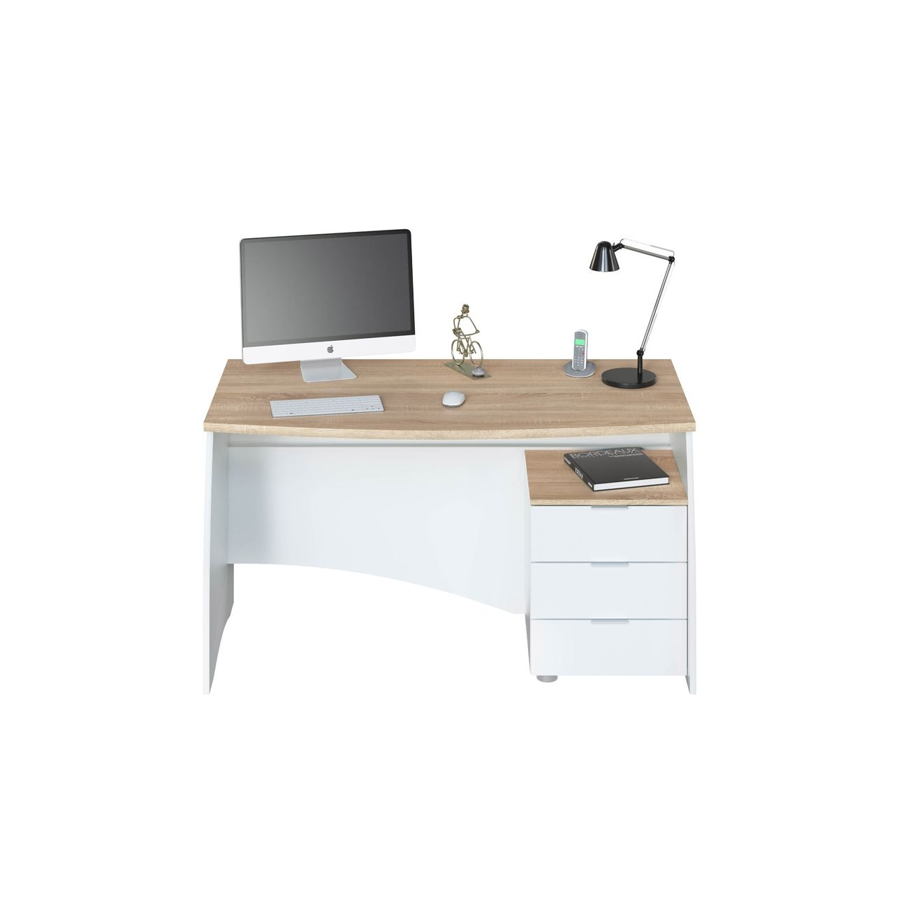 Un escritorio blanco con tapa de madera, iMac, teclado, ratón, lámpara y cajones.