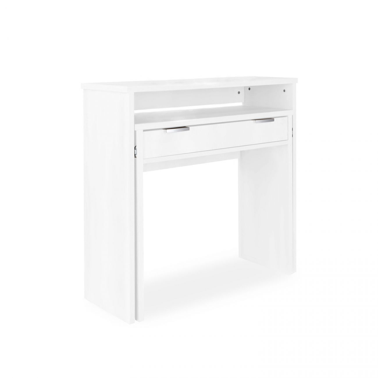 Un escritorio blanco sencillo con un cajón y un estante.