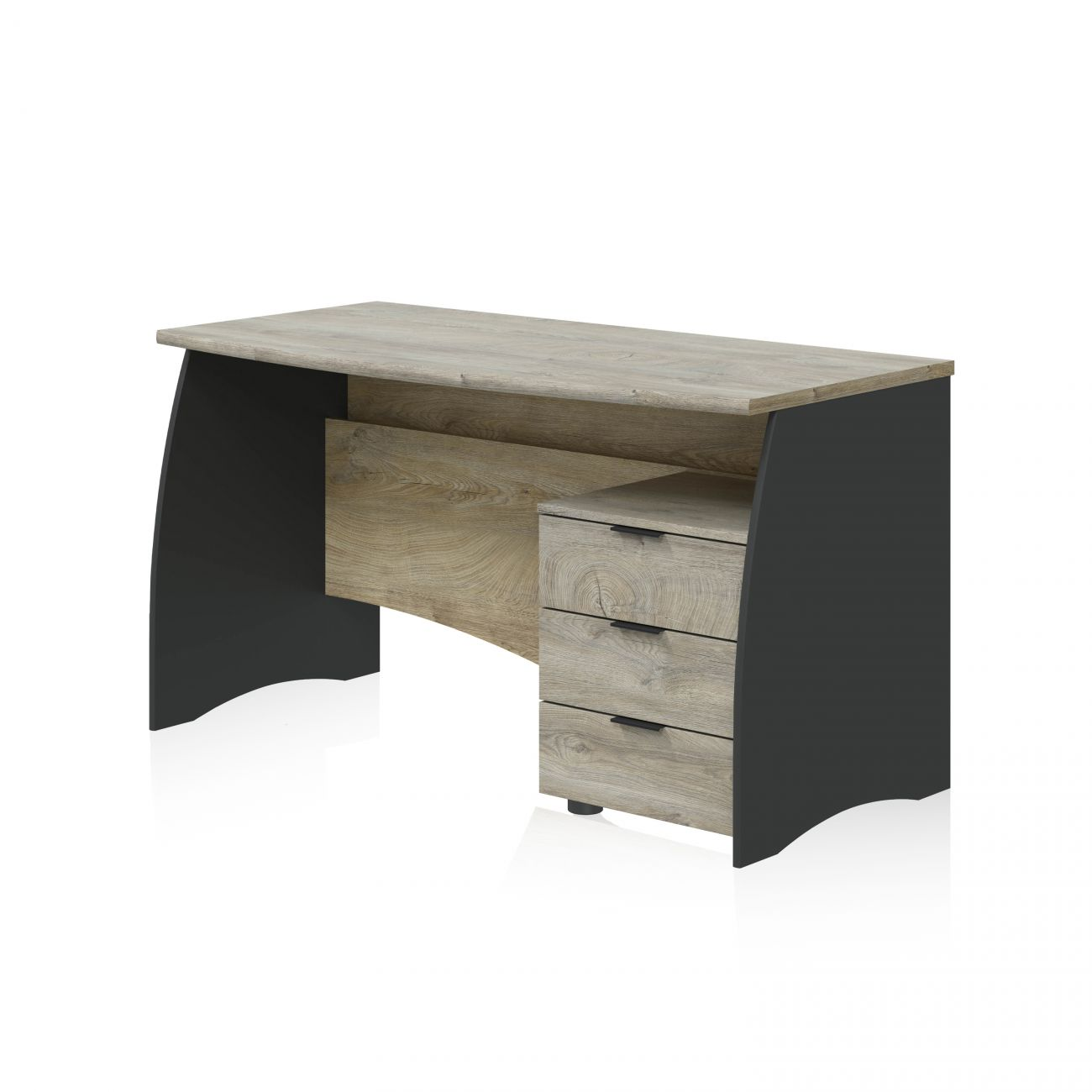 Un escritorio moderno con superficie de madera y lados negros, con cajones.