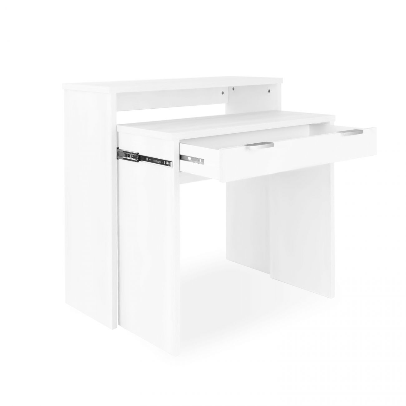 Un escritorio blanco con un cajón abierto y tirador plateado.