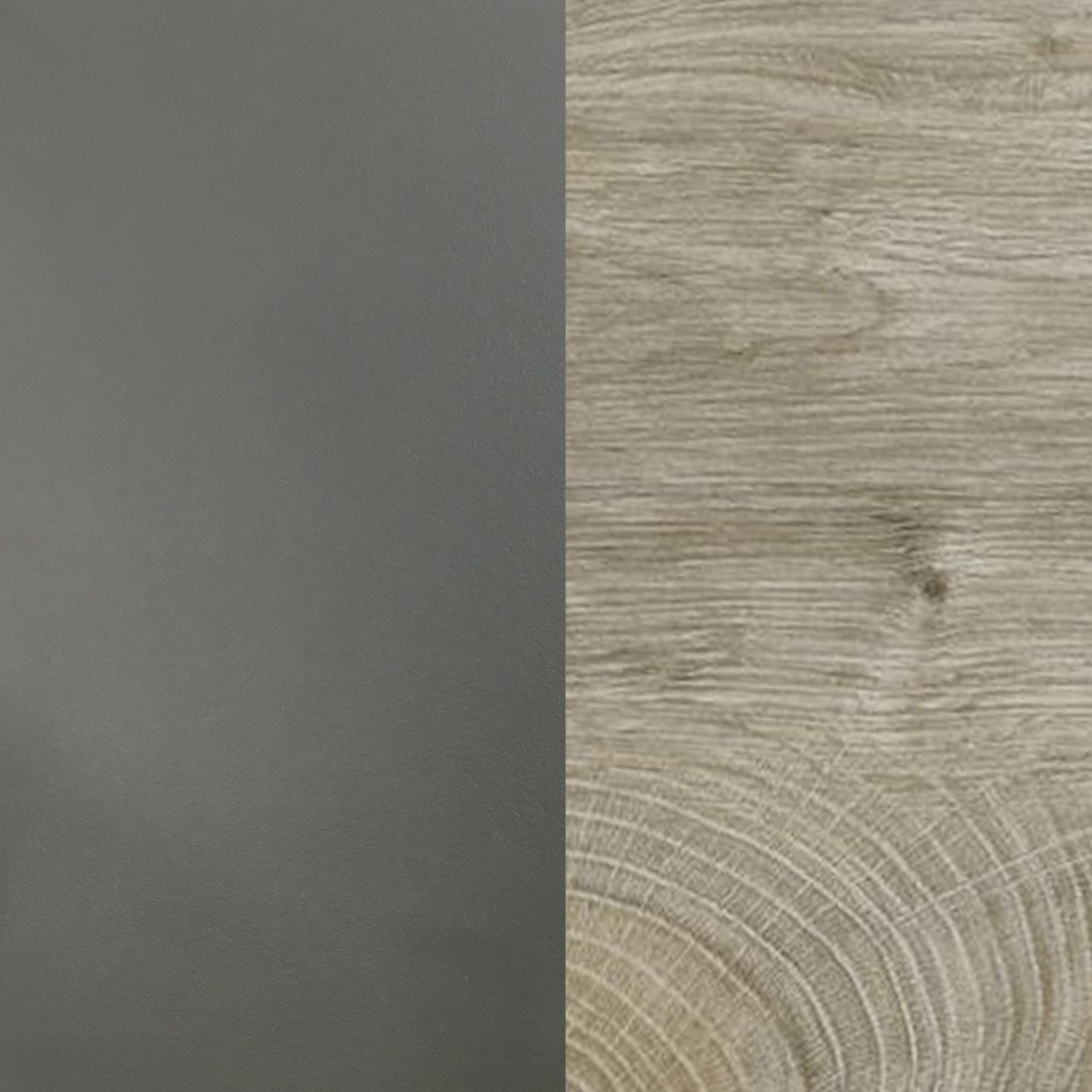 Superficie gris a la izquierda, veta de madera con anillos anuales a la derecha.