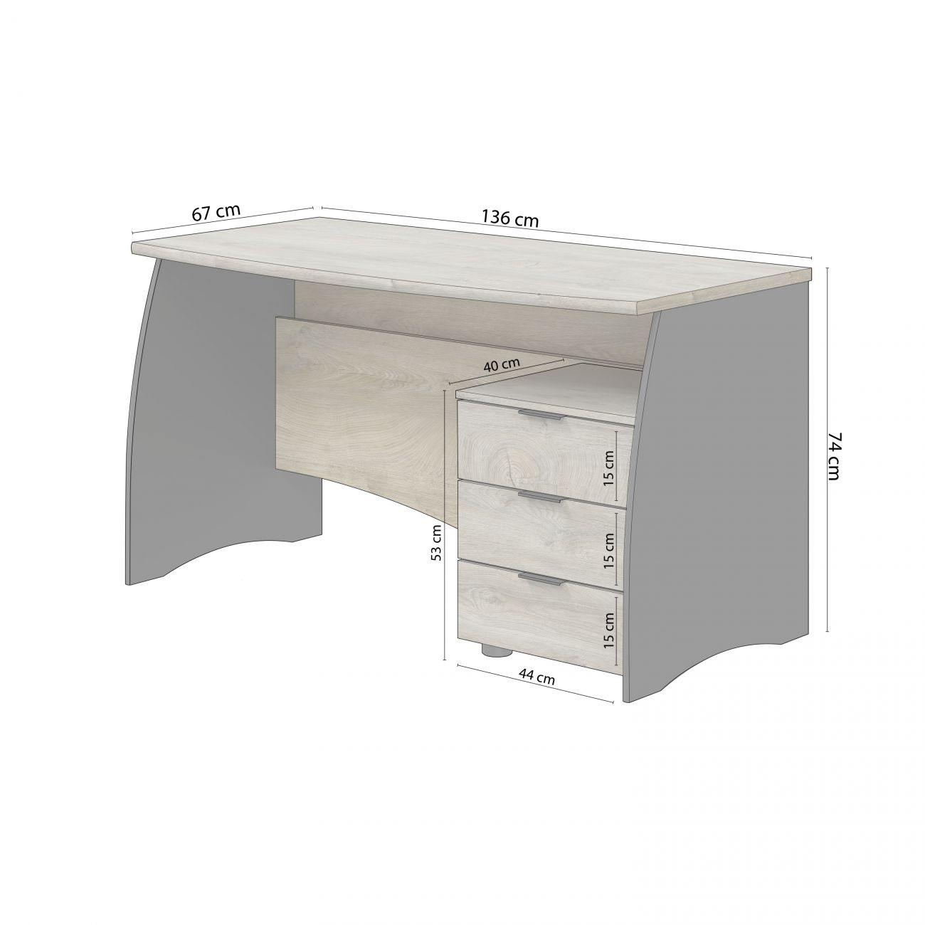Escritorio con dimensiones: 136x67x74 cm. Tres cajones en el lado derecho.