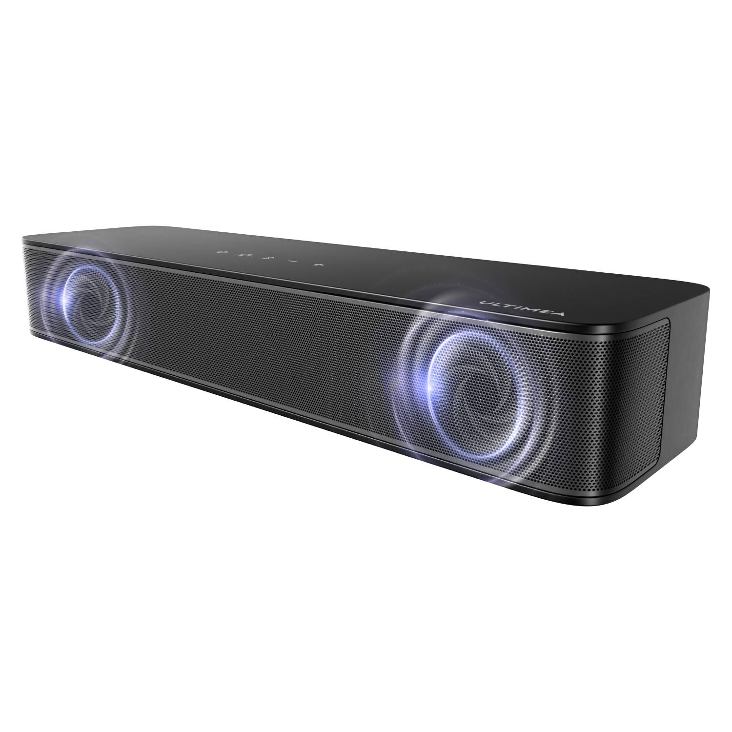 Czarny soundbar z niebieskimi efektami świetlnymi po obu stronach.