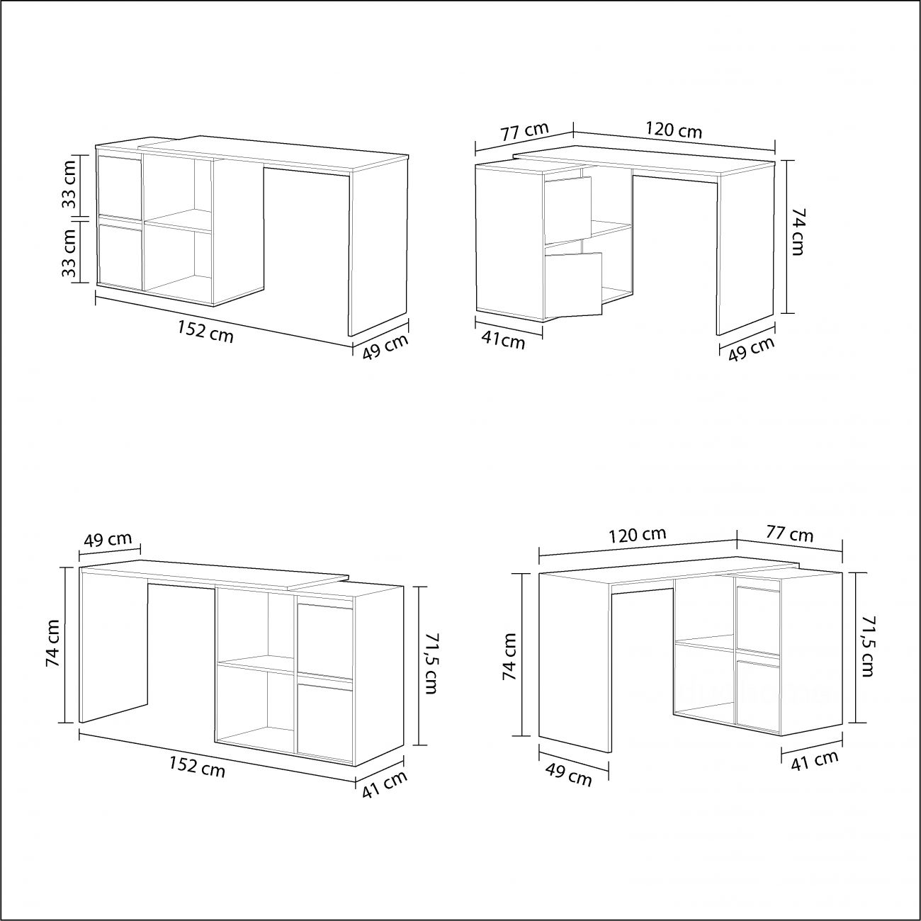 Diagramas de dos diseños de escritorio con dimensiones.