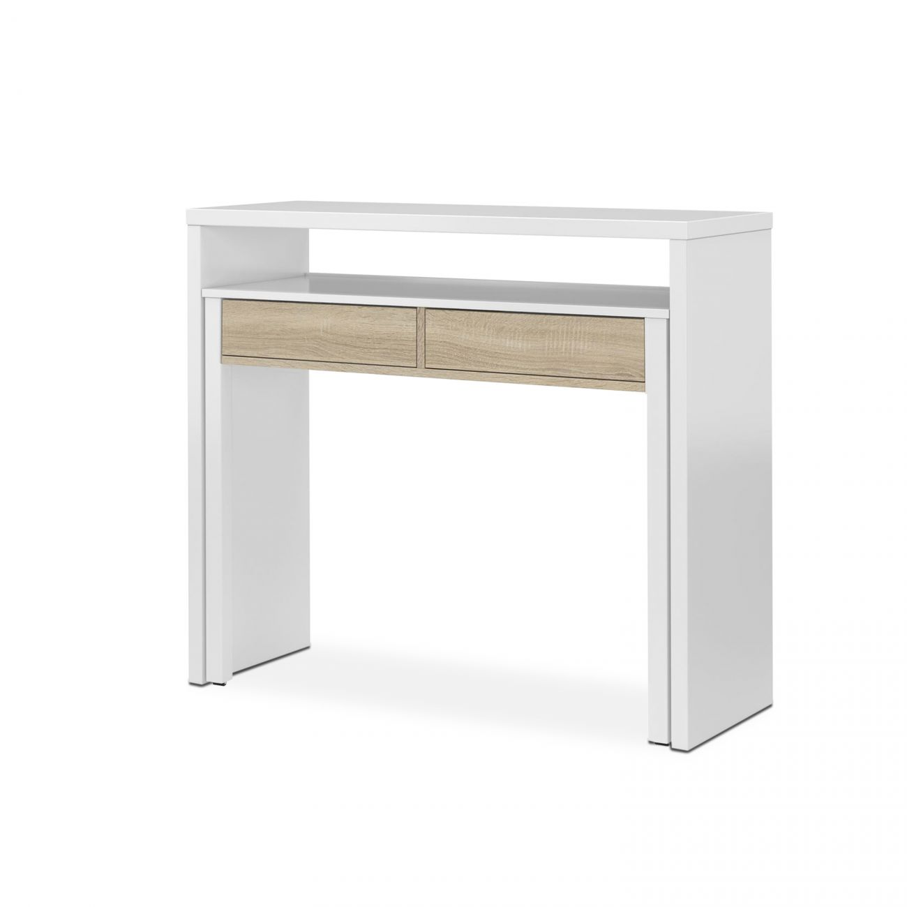 Una mesa consola blanca con dos cajones de aspecto madera.