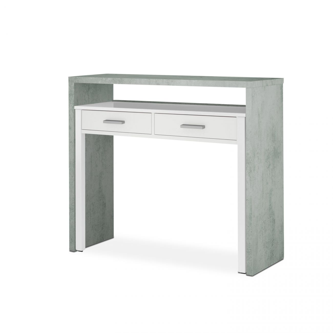 Una mesa consola estrecha con dos cajones blancos y una superficie superior de hormigón gris.