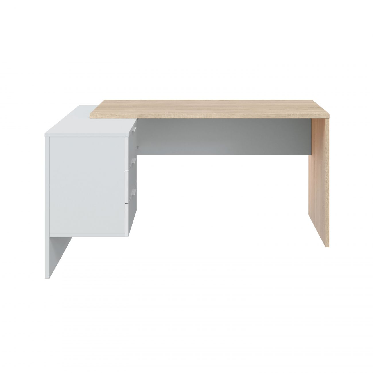 Un escritorio moderno con base blanca y tablero de madera clara.