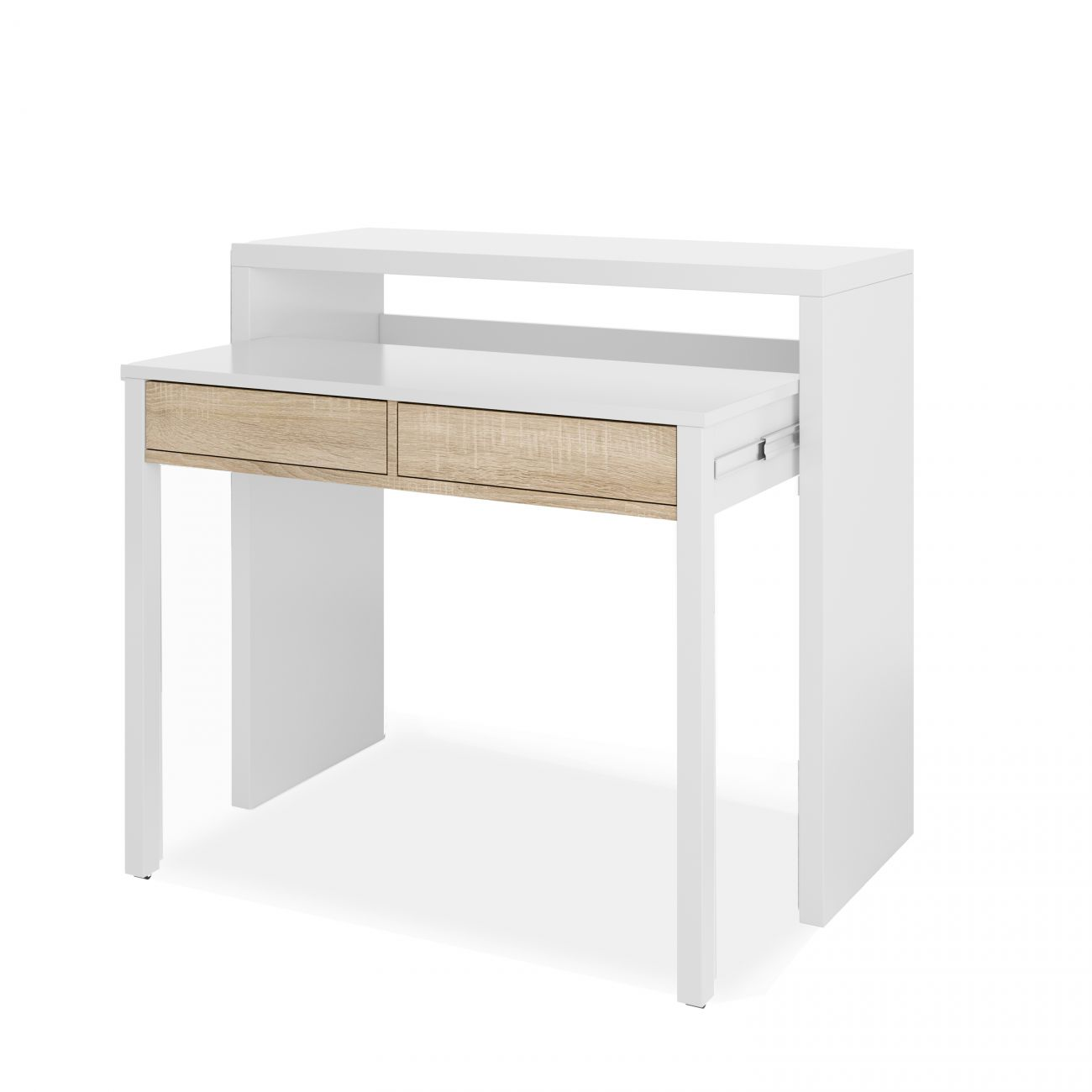 Escritorio blanco moderno con dos frentes de cajón efecto madera y un estante.