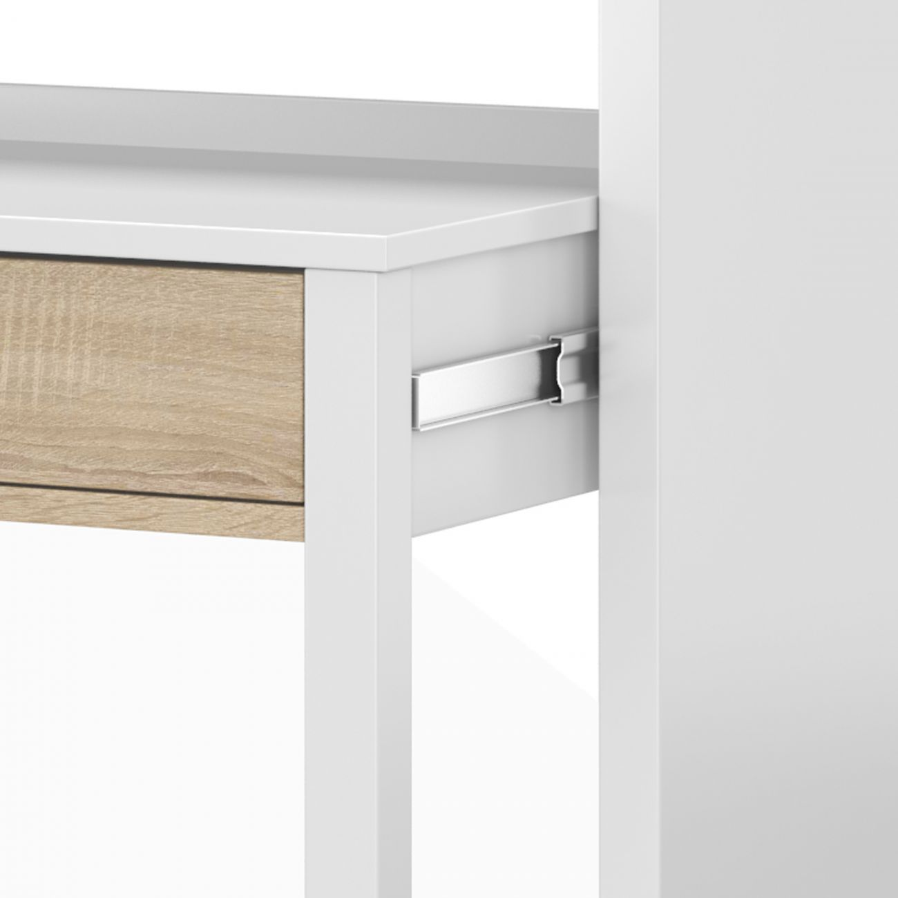 Un escritorio blanco con cajón de madera y riel metálico.