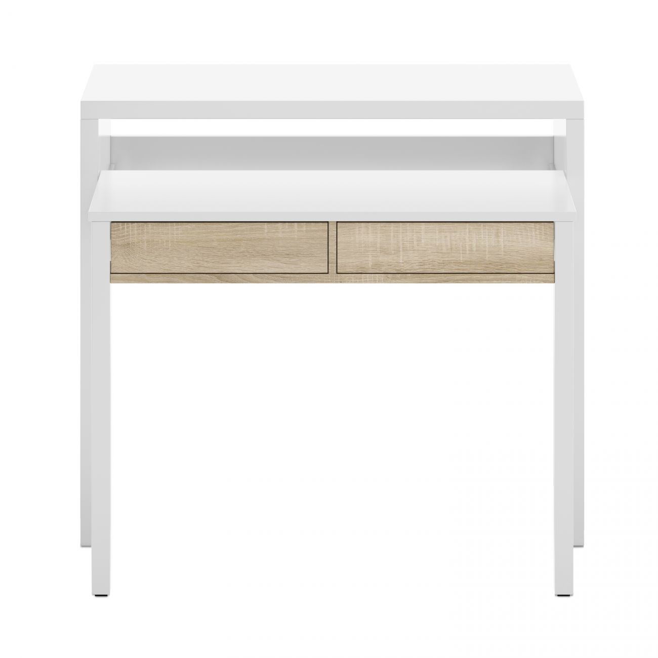Un escritorio blanco con dos cajones de aspecto de madera y un estante superior.