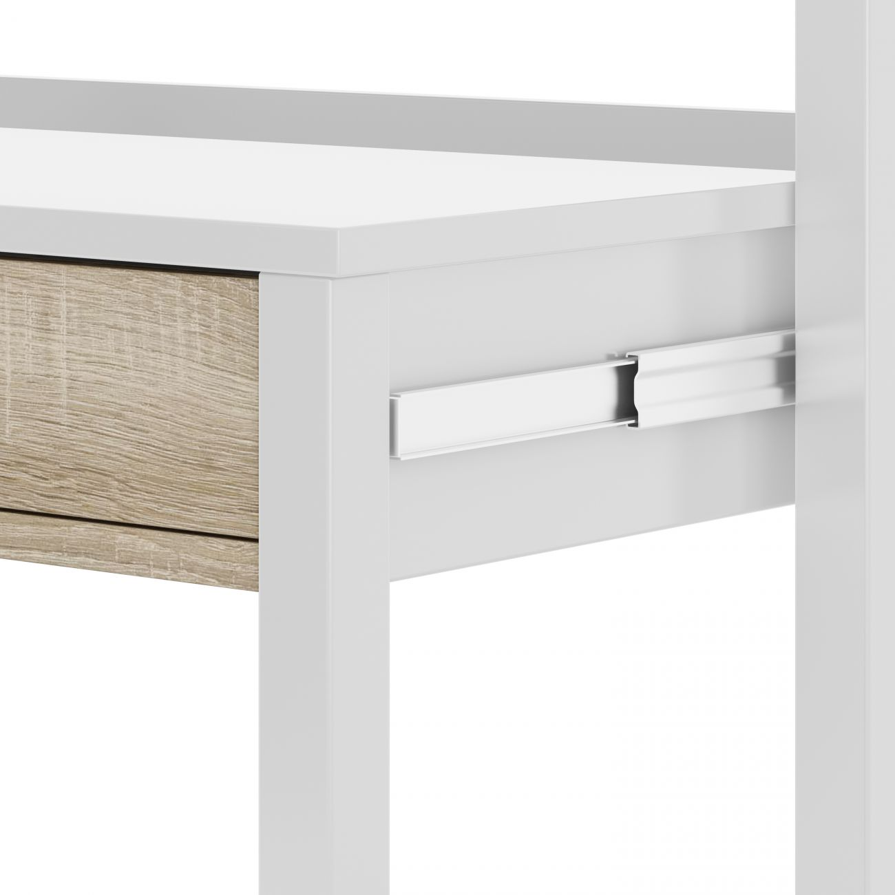 Primer plano de una guía de cajón blanca en un mueble con veta de madera.