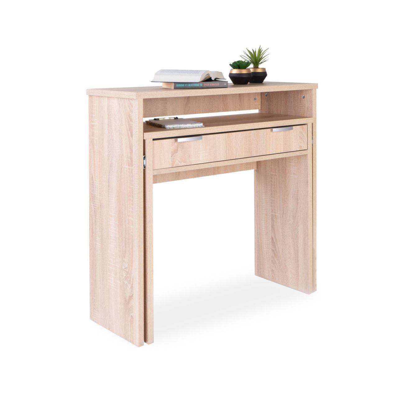 Un escritorio estrecho de madera clara con cajón, estante y dos plantas en maceta.