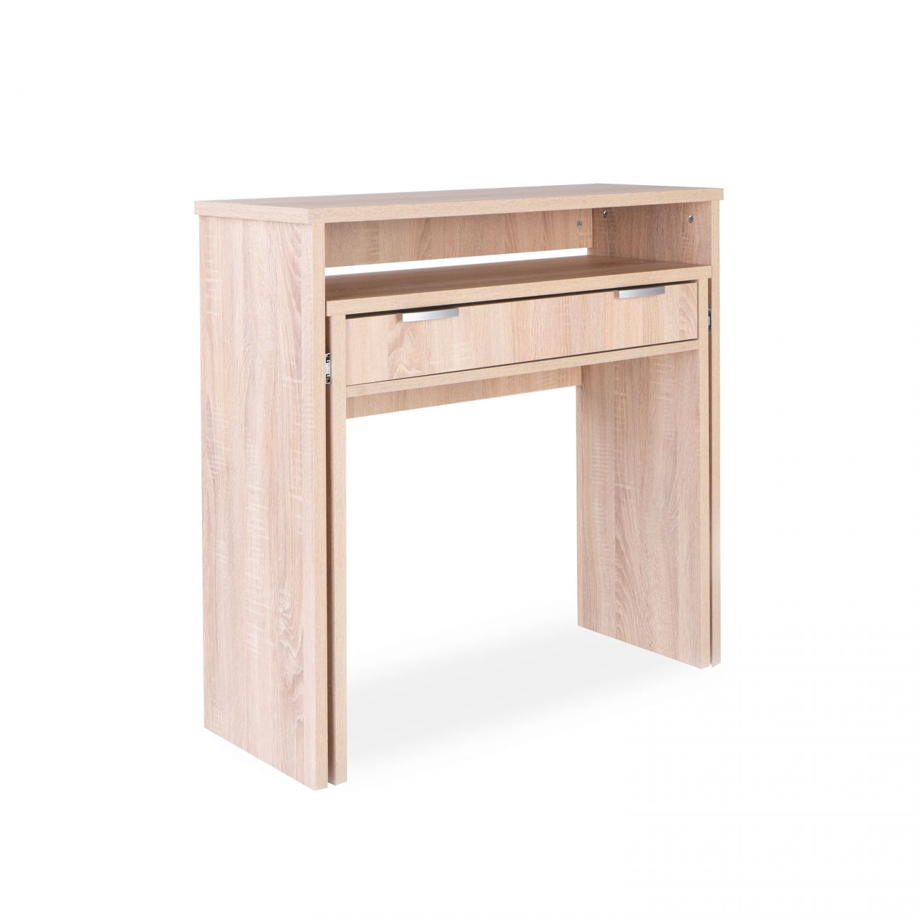 Un escritorio de madera clara con un cajón y un estante abierto encima.