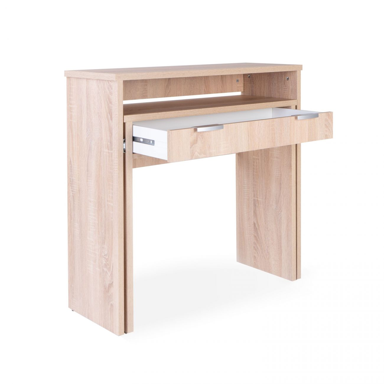 Un escritorio de madera clara con un estante abierto y un cajón extraíble.
