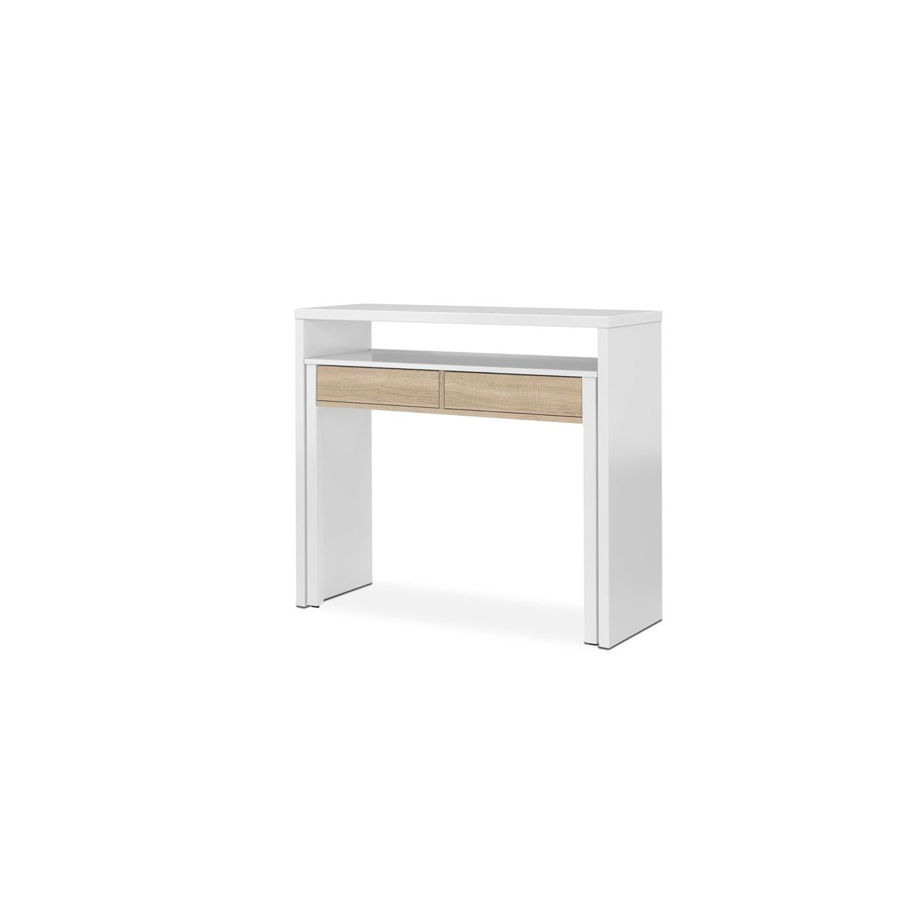Una mesa consola blanca estrecha con dos cajones de madera.