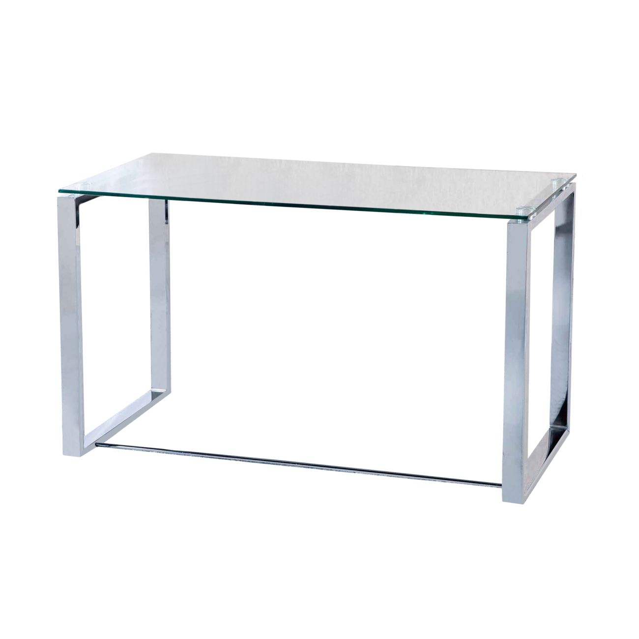 Mesa rectangular con tapa de cristal y marco metálico brillante.