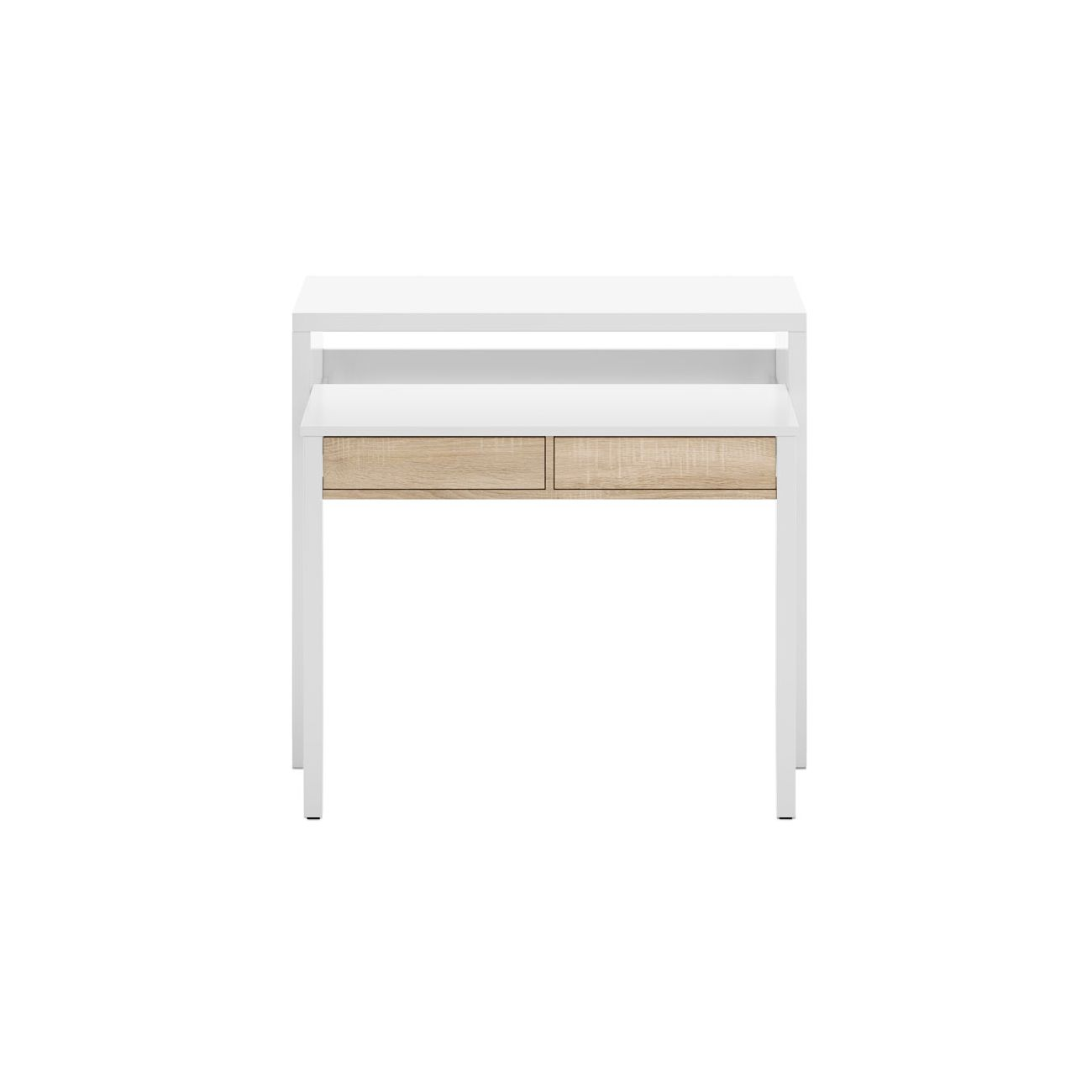 Un escritorio blanco con dos cajones de veta de madera.
