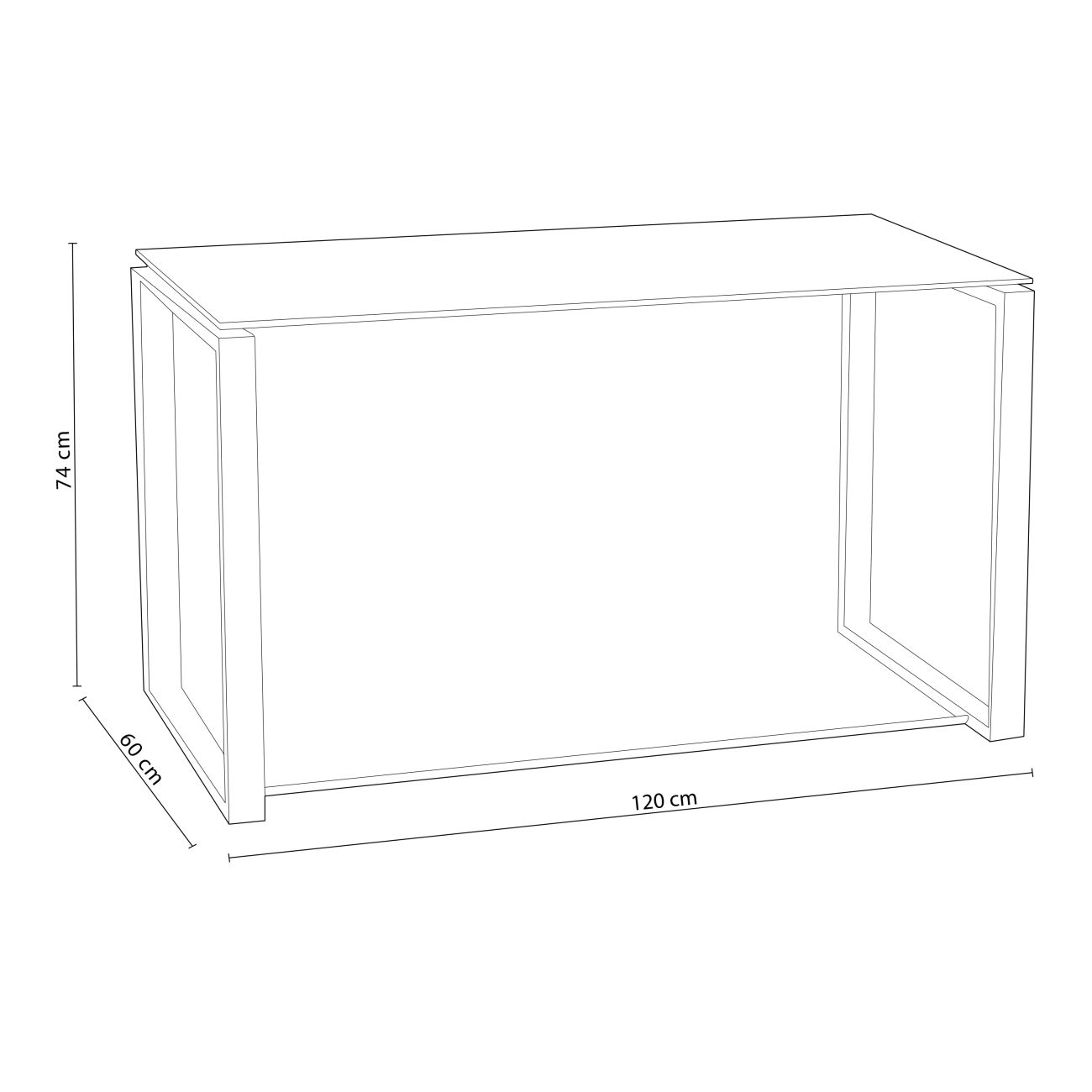 Dibujo lineal de una mesa con dimensiones: 120cm L, 60cm An, 74cm Al.